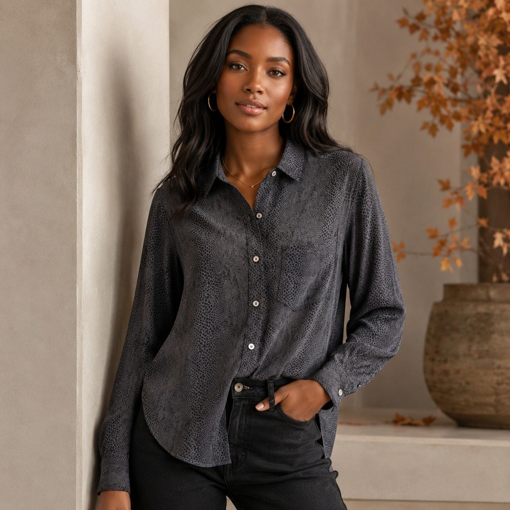 Rails Kate Cobra 100% Silk Button Down Blouse Womens XS Charcoal Snake Print